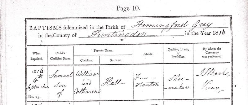 1816 Samuel Hall baptism Hemingford Grey
