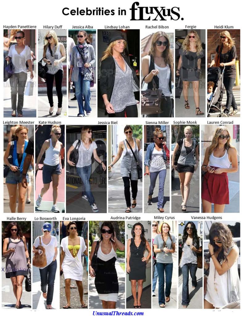 Luxus clothing shown on Hollywood celebrities like Jessica Alba, Lauren Conrad, Lindsay Lohan, Paris Hilton and more Fluxus, also known as Fluxus Clothing and Fluxuswear is favored by Hollywood celelbrities like Jessica Alba, Lindsay Lohan, Lauren Conrad, Halle Barry, Nicole Simpson and more