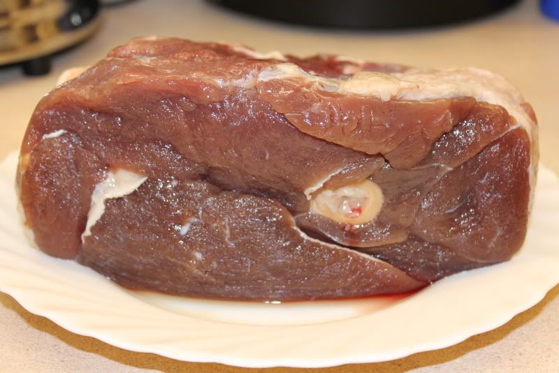 Our cute little petite ham, brined and dried overnight.