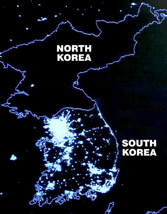 south korea and north korea at night. 2010 south korea north korea
