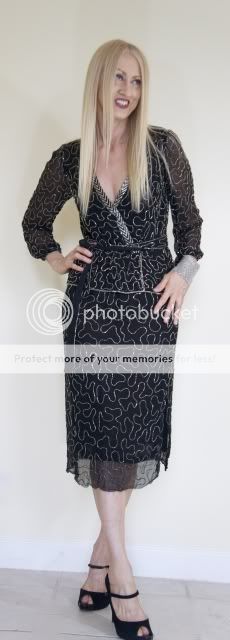 Vintage Black Silk Silver Beaded Flapper Art Deco inspired Dress 