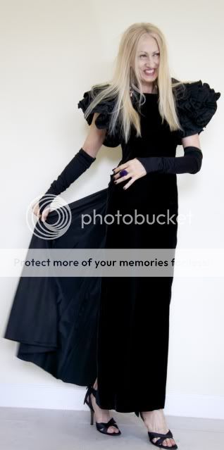 Vintage 80s Avant Garde Black Ruffle Pouff Sleeves Bustle Back Dress 